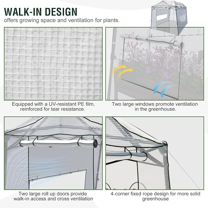 8.5 x 7 x 7 FT Walk-in Greenhouse, Portable Pop-up Greenhouse for Indoor Outdoor, Plant Garden Green House with Zippered Doors, Screen Windows, Heavy Duty Frame and Durable PE Cover
