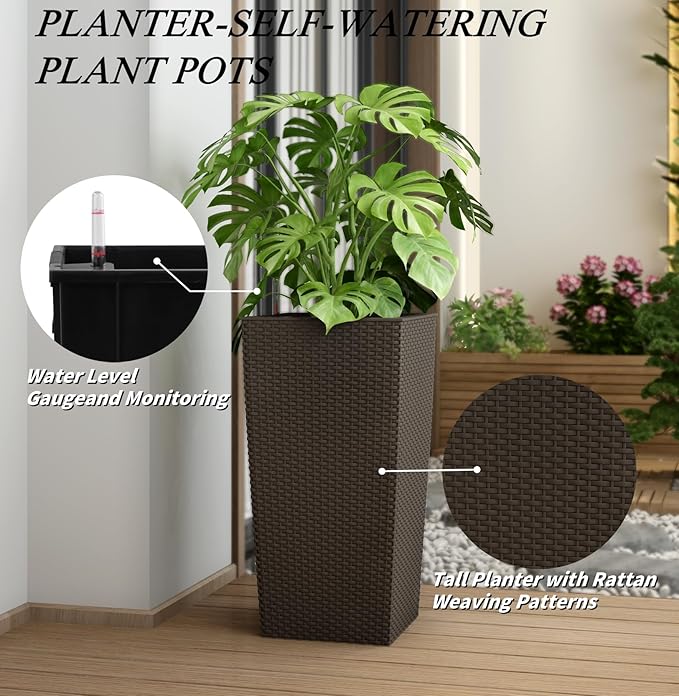 Vigo huseeo 23in Tall Planter Set of 2, Large Self Watering Pots for Indoor/Outdoor Plants with Drain Holes, Water Level Monitor, Inner Bucket for Front Porch Patio, Brown Rattan