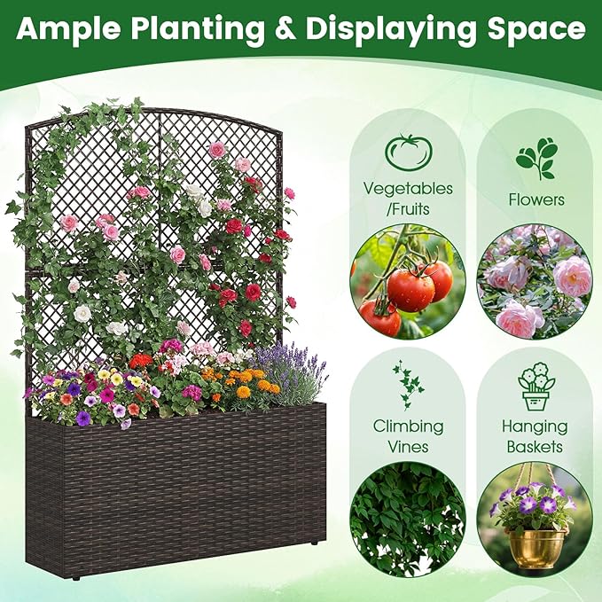 Happygrill Raised Garden Bed with Trellis, 58" Wicker Planter Box with Privacy Screen, Liner, Drainage for Patio Balcony, Outdoor PE Rattan Elevated Garden Bed for Climbing Plant Vine Flower (Brown,1)