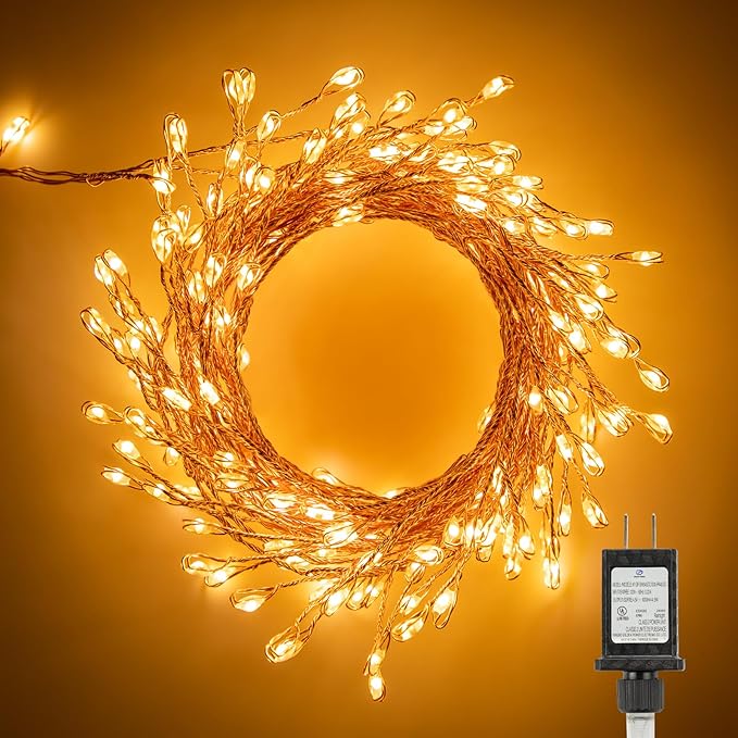 Minetom Fairy Lights Plug in, 10Feet 200 Led Cluster Lights Waterproof Starry String Lights for Ceiling Bedroom Wreath Window Wedding Christmas Tree Ramadan Decorations, Warm White