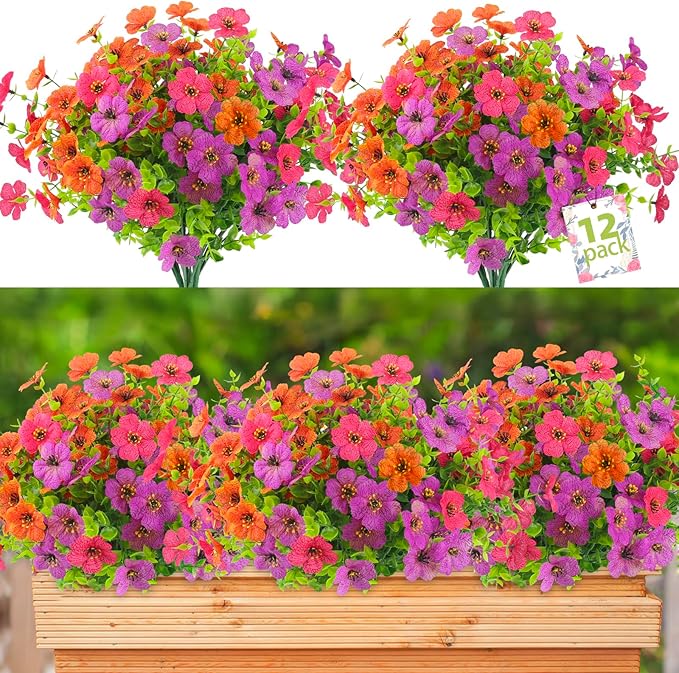 ATTGREAT Artificial Spring Flowers for Outdoors Faux Plants UV Resistant Realistic Fake Flowers Outside for Garden Planter Porch Home Decor, 12 Bundles (Multicolor)