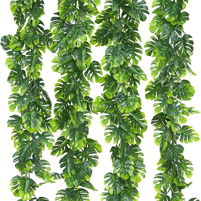 Dolicer 4Pcs Artificial Monstera Leaf Vines, 5.6Ft Fake Hanging Greenery Plants Tropical Palm Leaves Ivy Vine Monstera Garland for Home Garden Porch Patio Hawaiian Party Indoor Outdoor Décor