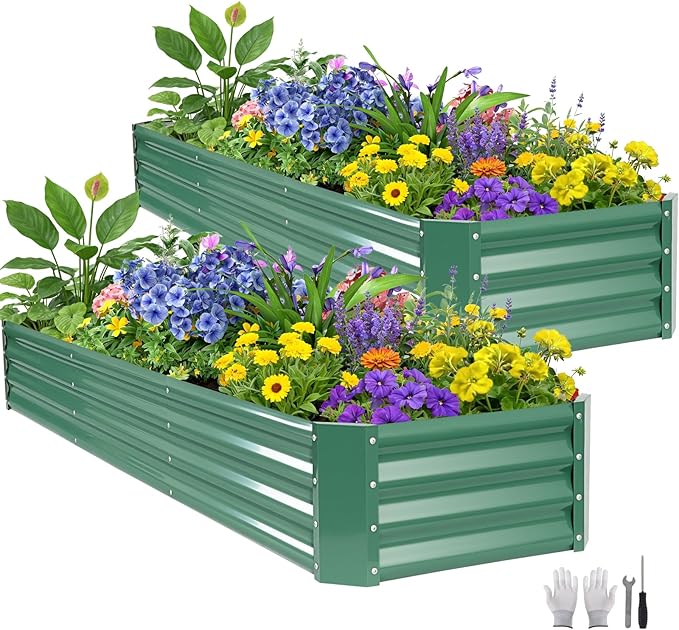 ZORMY 2 Pcs 8x2x1ft Galvanized Raised Garden Bed Outdoor, Metal Planter Boxes with Easy Assembly, Planter Raised Beds for Gardening, Flower, Plants, Vegetable, Herb - LotusGreen