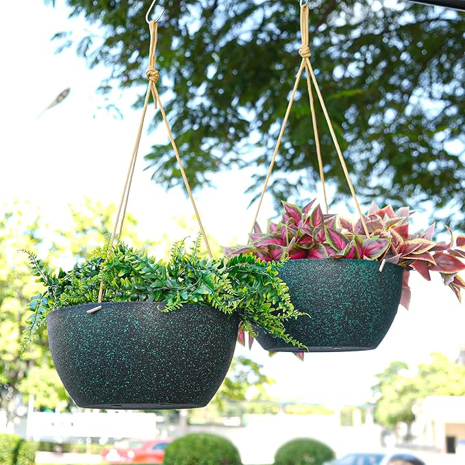 SwinDuck 12 Inch 2 Pack Large Hanging Planters for Indoor Outdoor Plants, Plastic Hanging Basket Pots for House Plants Flowers, Black Speckles