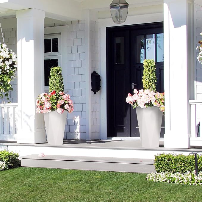 GarveeLife 22.5 in Tall Diamond Planters Set of 2, Self Watering Planters with Water Level Monitor, Flower Pots Outdoor and Indoor for Patio, Porch, Living Room, Home Office, White