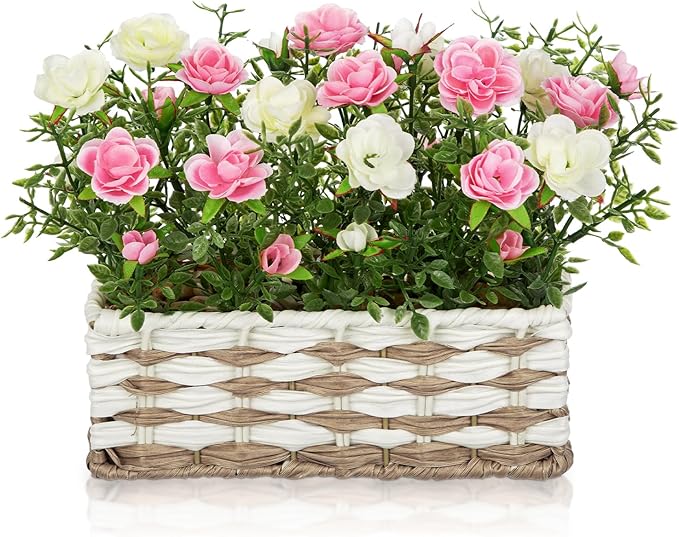 Artificial Rose Flowers with Woven Basket, Faux Roses in Fake Rattan Planter for Table Centerpiece, Romantic Floral Arrangement for Home Bedroom Spring Wedding Sweet Decor, Cream White & Soft Pink