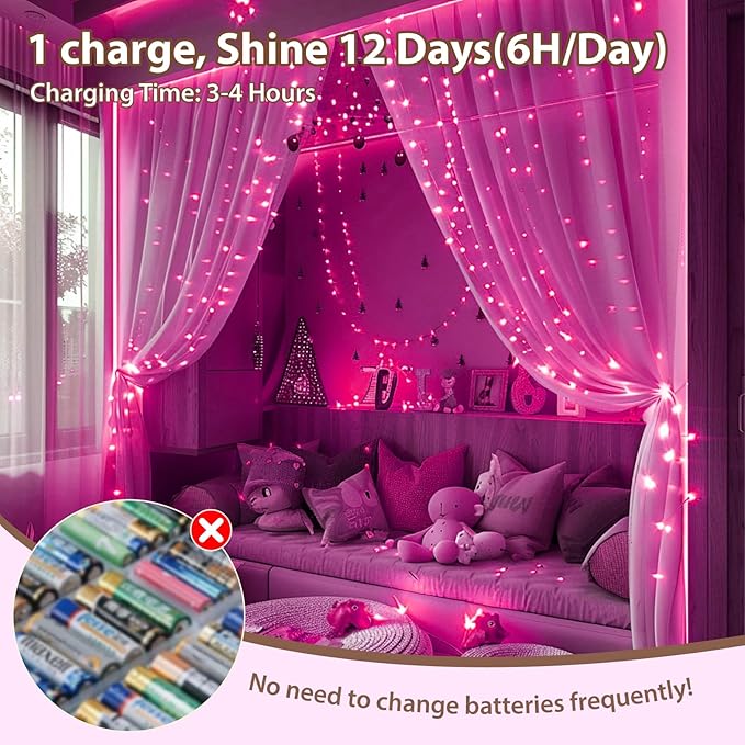 HXWEIYE Rechargeable Fairy Lights with Remote & DIY Timer, 33ft 100LED Battery Operated Twinkle String Lights, 8 Modes Decor Light for Bedroom Indoor Wedding Dorm Christmas Tree Party (Pink)