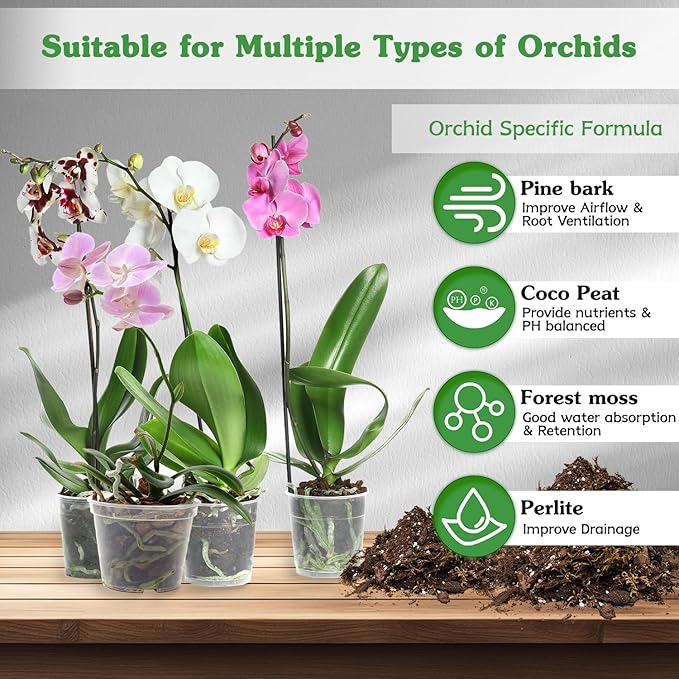 Orchid Potting Mix for Repotting 1 Quart, Mixture of Moss Pine Bark Coco Peat and Perlite, HOUNANG Orchid Bark Potting Mix, Good Drainage