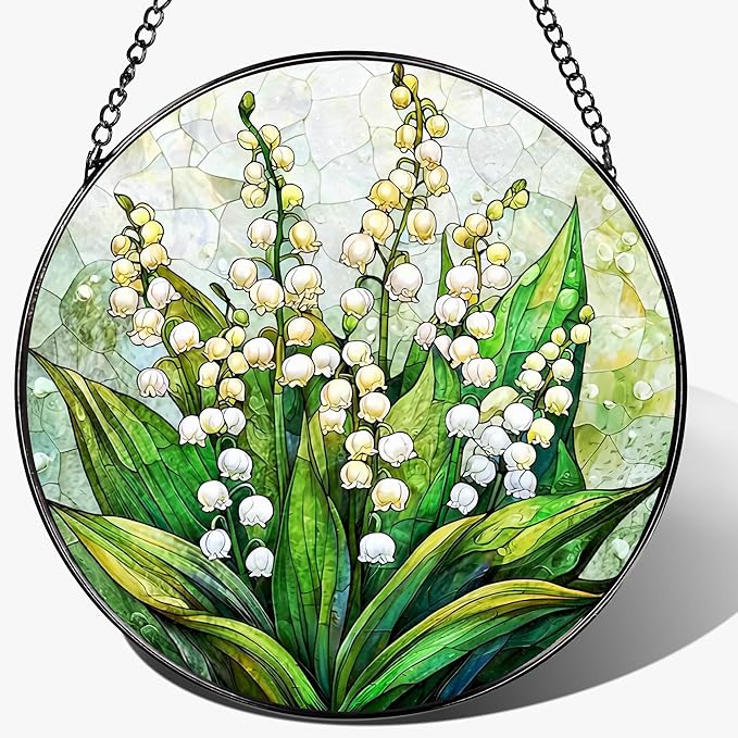 LAOWEIKI 8'' Lily of the Valley Sun Catcher Ornament, Stained Glass Window Hanging, Suncatchers for Windows Hanging Ornaments, Window Decor | Flower Lover Gift, Mother's Day, Christmas, Birthday Gifts