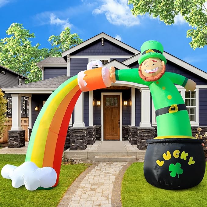 St. Patricks Day Inflatable Decorations 8ft Leprechaun Rainbow Arch with Gold Coin Pot and Cloud Built-in LED Lights Outdoor Theme Party Decor Holiday Lawn Yard Garden Patio Décor