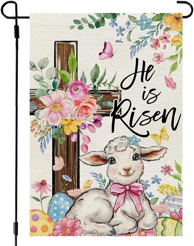 CROWNED BEAUTY Easter Garden Flag He is Risen Cross 12x18 Inch Double Sided Floral Holiday Decoration for Outdoor Lawn Yard