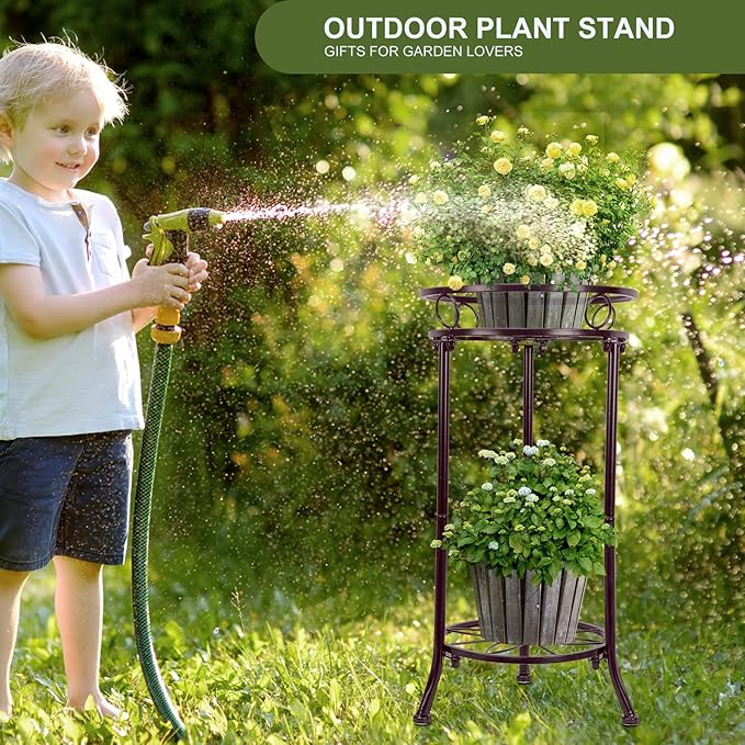 YHIJURS 2 Tiers Plant Stand Indoor Outdoor, 20.3'' Metal Tall Potted Plant Flower Stands,Heavy Duty Rustproof Corner Display Rack, Flower Pot Shelf Planter Holder Decor for Home Garden Office-Bronze