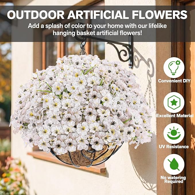 22 Pack Artificial Flowers Outdoor, Faux Flowers UV Resistant with Plastic Plants, Faux Silk Flowers for Outdoors Outside Front Porch Hanging Planter Window Box Garden Decoration(White)