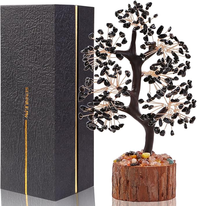 Black Obsidian Crystal Tree of Life Chakra Stone, Birthday Gifts for Women, Mon, Gifts for Sister,Feng Shui Office Decor Tree for Postive Energy, Money, Good Luck, Christmas Decor, Spiritual Gifts