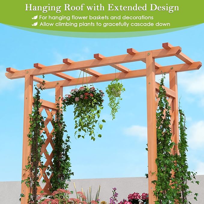 HAPPYGRILL Raised Garden Bed with Trellis, Wooden Elevated Planter Box w/Hanging Roof, Drainage Holes & Removable Bottom Panels for Climbing Vine Flower, Indoor Outdoor Wood Planter for Yard Patio