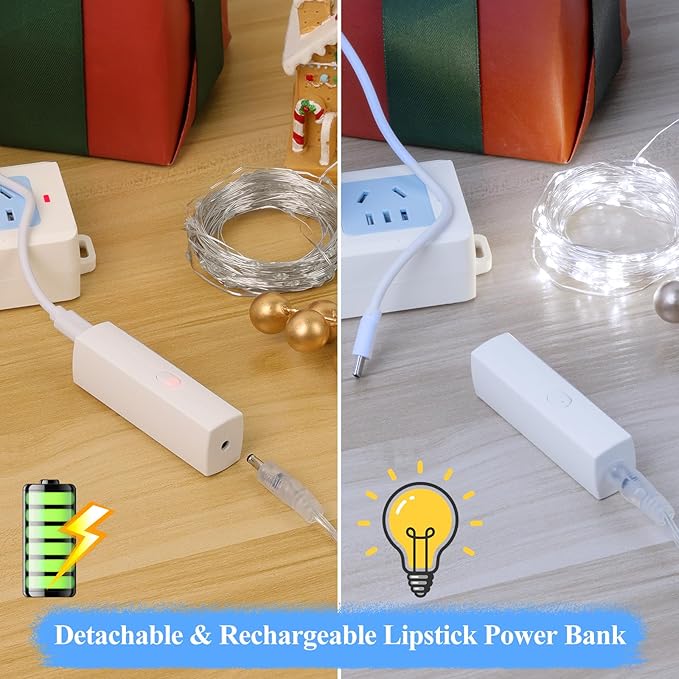 Lakumu 33FT 100LED String Twinkle Lights Rechargeable, White Fairy Lights Battery Operated with Timer & 8 Modes, Outdoor Indoor for Bedroom, Dorm, Christmas Decoration, Parties, Wedding, Centerpiece