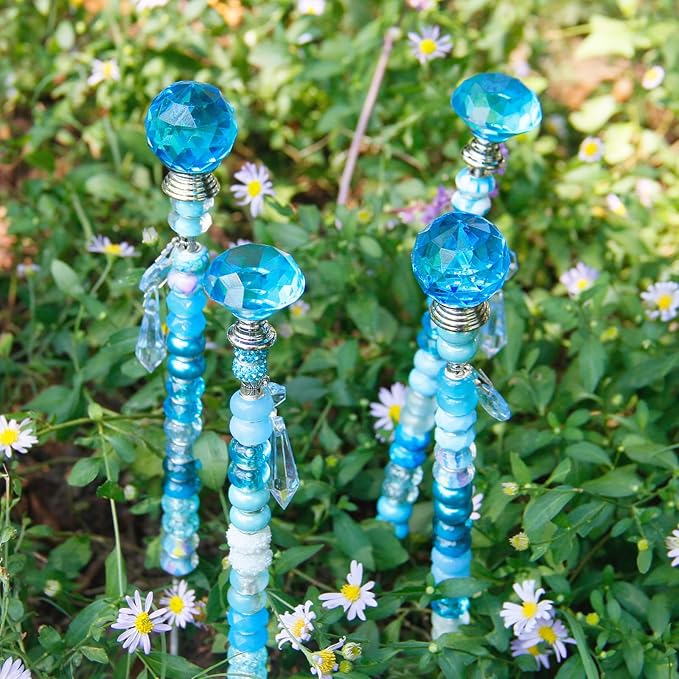 Exway 100 PCS DIY Fairy Wand Beaded Garden Stake Beads Kits with Light Blue Large Hole Beads 4 Crystal Stopper Top Threaded Rods and 4 Light Blue Sparkling Crystal Pendants for Outdoor Indoor Decor