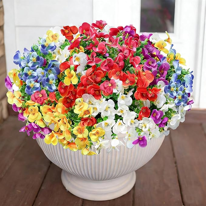 Ivydale Artificial Flowers for Outdoor Decorations, 12 Bundles Fake Pansies Flower, Silk Flora with Eucalyptus for Planter, UV Resistant Realistic Bouquets Front Door Garden Porch Patio Yard