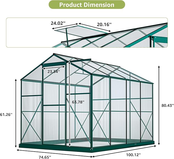 6x8 Ft Greenhouses for Outdoors, UV-Coated Polycarbonate Panels and Aluminium Green Houses for Outside, Outdoor Greenhouse with Roof Vent, Invernaderos para Plantas Exterior, Walk-in Greenhouse Kit
