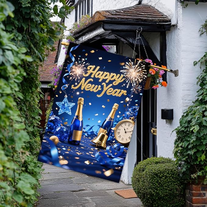 Happy New Year House Flag 28x40 Inch Double Sided Garden Flag Blue Champagne Clock and Fireworks Design Winter Holiday Yard Banner Large Outdoor Flag for Porch Lawn Home Decoration
