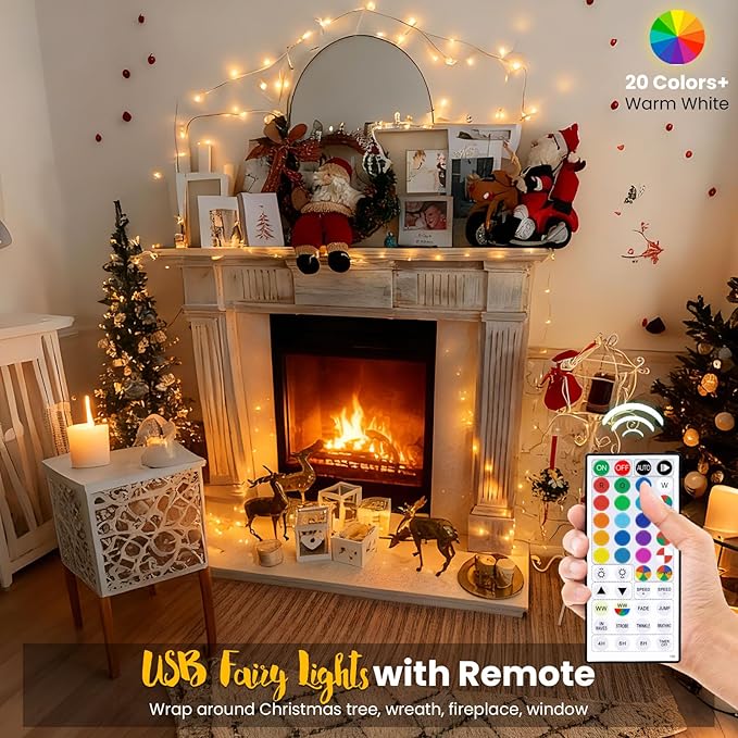 Fairy Lights USB Plug in 33ft 100LEDs with Remote, Warm White 20 Color Changing Light Twinkle Firefly String Lights for Bedroom Party Wedding Christmas Tapestry, Multicolor Colors