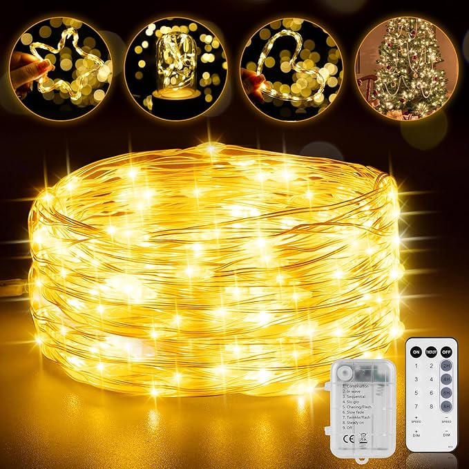 33FT 200 LED Fairy Lights Battery Operated with Timer & Remote, 8 Modes Dimmable Twinkle Lights, Waterproof Warm White Fairy String Lights for Outdoor Patio Wedding Mason Bedroom Classroom