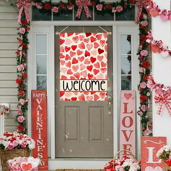 Valentines Love Hearts House Flags for Outdoor Decoration, Welcome Love Hearts Large Yard Flag, Decorative Anniversary Wedding Seasonal Farmhouse Holiday Outside Decor 28x40 Inch Vertical Double Sided