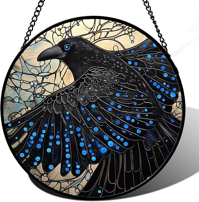 Stained Glass Window Hanging - Black Crow Big Wings Suncatcher for Doors Garden Patio Bird Sun Catchers Decor Christmas Mother's Day Birthday Gifts for Women Men Mom Nana Friend 7.8 in
