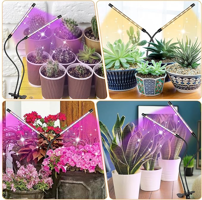 zyzykeji LED Grow Lights (2 Packs), 2 Heads Red Blue White Full Spectrum Plant Light with Clamp for Indoor Plants & Seed Starting, 10-Level Dimmable, Auto On Off, Timing 4 6 12Hrs