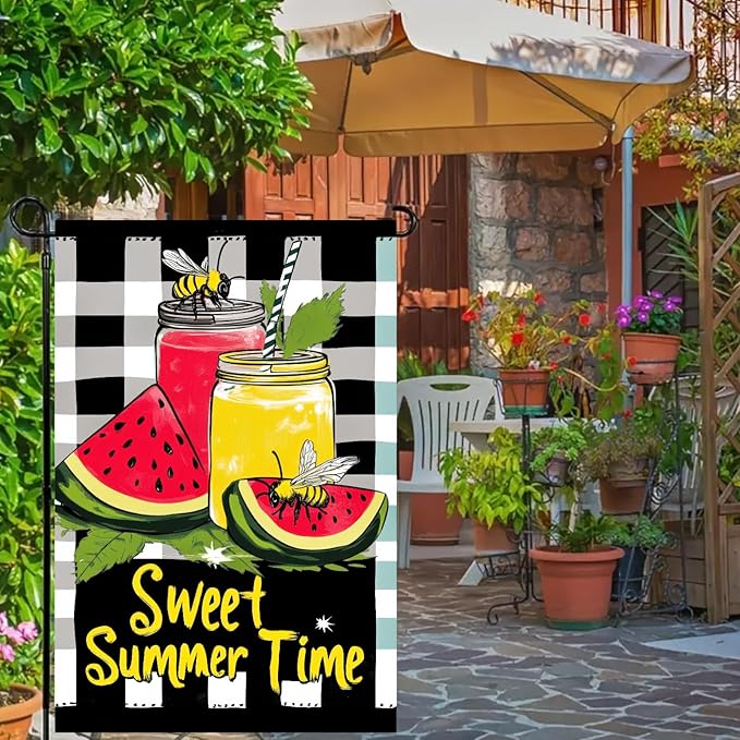 Sweet Summer Time Garden Flag Watermelon Buffalo Plaid Lemon Welcome Small Flags for Outside Double Sided Juice Seasonal Banner Farmhouse Outdoor Yard Decoration 12x18 Inch