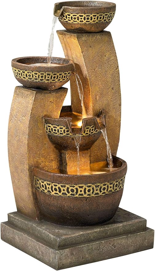 Four Bowl 41 1/2" High Large Zen Indoor Outdoor Decor Faux Stone Floor Fountain with Light LED Waterfall Cascading Standing Water Feature for Outside Garden Patio Yard Backyard - John Timberland
