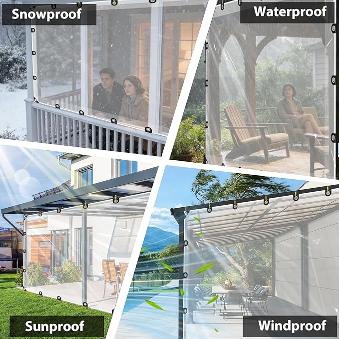 LC&QS Clear Tarps Heavy Duty Waterproof, 8x10ft Upgraded Edge Heat Fused Tear Resistant,Clear Tarps with Grommetsfor Patio Fencing,Rain, Wind, Cold, Chicken Coops,and More（Windproof Rope）