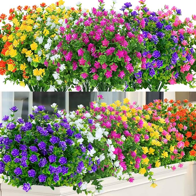 ArtBloom 24 Bundles Outdoor Artificial Flowers UV Resistant Fake Boxwood Plants, Faux Greenery for Indoor Outside Hanging Plants Garden Porch Window Box Home Wedding Farmhouse Décor (Mix Color)