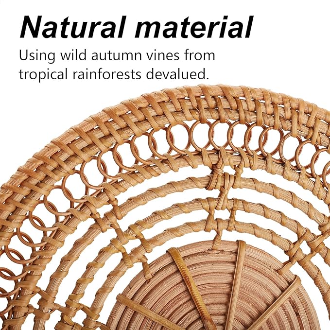 Boho Wall Basket Decor Set: Round Rattan Wall Decor, Hanging Basket, Flat Woven, Flower Shape, Khaki, 13"L x 13"W, Unisex, Indoor, Living Room