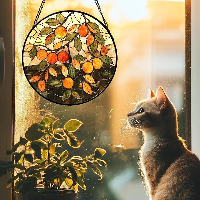 AMDERVEN Stained Glass Suncatcher, Orange Green Fruit Tree Sun Catcher Landscape Stain Glass Window Hanging Decoration Mother's Day Birthday Gifts for Women Men Mom Nana 7.8 in