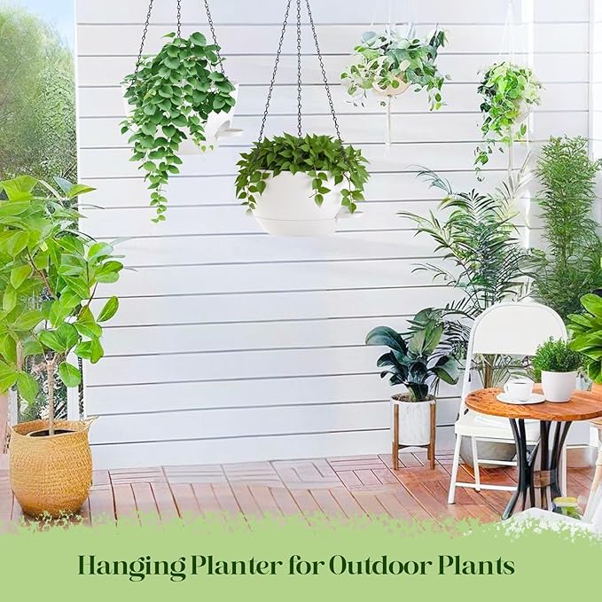 zople 10 Inch Hanging Planters with Chains 2 Pack Self Watering White Plastic Hanging Pots for Indoor Outdoor Plants, Garden Porch Home Decor (White)
