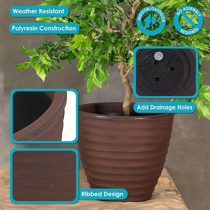 Sunnydaze Ribbed 16" Outdoor Plant Pot - Polyresin Double-Walled Planter for Indoor or Outdoor Use - Rust