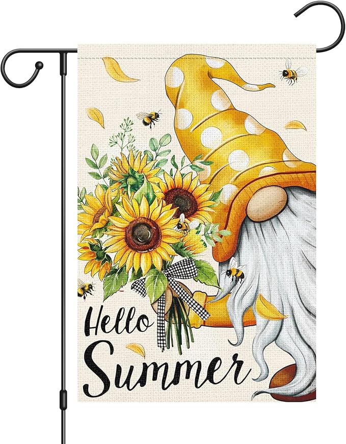 Louise Maelys Welcome Spring Summer Gnome Garden Flag 12x18 Double Sided, Burlap Small Vertical Sunflower Garden Yard Flags for Seasonal Outside Outdoor House Decoration (ONLY FLAG)