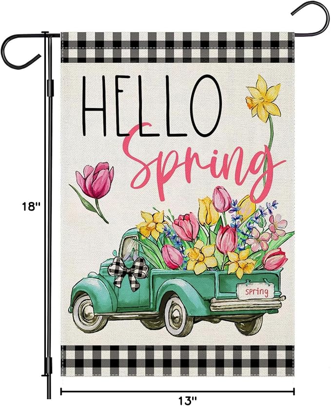 Hello Spring Garden Flags for Outside, Buffalo Plaid Truck with Flowers Yard Decoration, Small Seasonal Summer Outdoor Decor for Farmhouse Holiday,12x18 Inch Double Sided