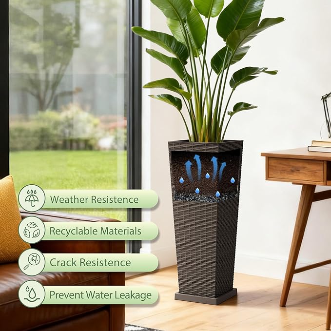 Set of 2 Tall Plastic Planters with Saucer, 32 Inch Height Pots with Drainage Trays, Brown