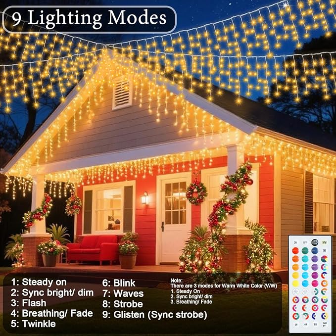 Pooqla Color Changing Icicle Lights with Remote, 35 Colors Christmas Icicle Lights, 300 LED 48FT RGB Waterproof Hanging String Lights for Roof Window Home Party Easter Valentine's Day Outdoor Decor