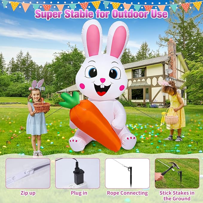 5 Ft Easter Inflatables Easter Decorations, Blow up Easter Bunny with LED Lights Baskets Light up Easter Decor, Easter Decorations for Home Holiday Party Indoor Outdoor Garden Lawn