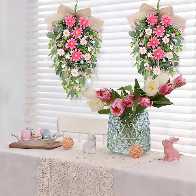 2 PCS Spring Pink Flower Teardrop Swags Silk Artificial Floral Swag Wreath for Front Door Wildflower Daisy Hanging Swags with Lavender Green Leaves for Wedding Farmhouse Home Outdoor Window Wall Decor