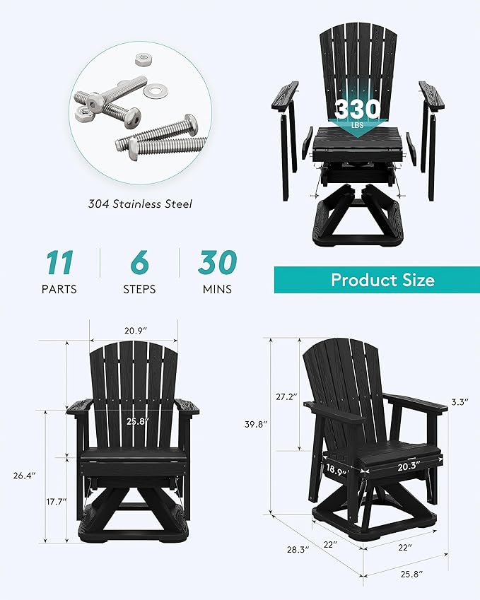 SERWALL Adirondack Swivel Glider, HDPE Glider Set of 4 for Outdoor, All-Weather Glider Rocking Chair for Porch, Balcony, Black