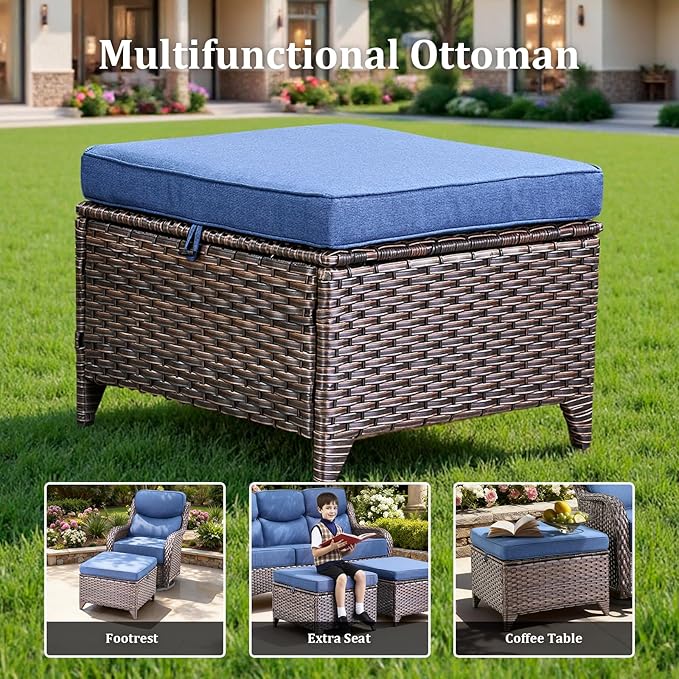 Luxury High Back Patio Furniture Set with 6-Inch Thick Cushions, 8-Pieces Outdoor Furniture with Swivel Chairs, Wicker Conversation Set for Porch, Balcony, Deck and Yard, Brown/Blue