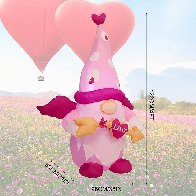 Juegoal Valentine Inflatable Cupid Gnome, Lighted Blow Up Pink Swedish Gnomes with Arrow, Indoor Outdoor Valentines Wedding Xmas Decor, Built in LED Light Up Holiday Lawn Yard Garden Decorations