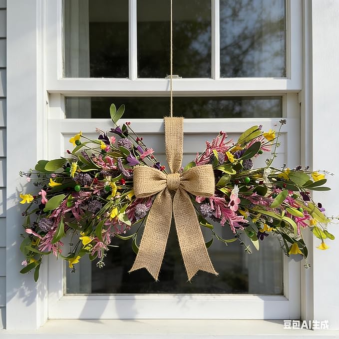 22'' Spring Floral Swag Wreath for Front Door Artificial Greenery Flower Teardrop Swag with Pink Yellow Daisy Wildflower Lavender for Farmhouse Kitchen Cabinet Porch Wall Window Wedding Arch