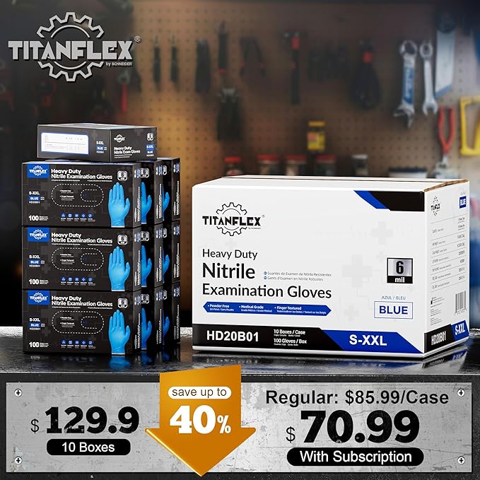 TitanFlex Nitrile Exam Gloves, Blue, 6-mil, Heavy Duty Nitrile Gloves, Mechanic Disposable Gloves, Latex Free, Powder Free