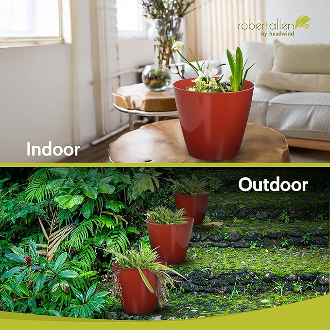Headwind Charlevoix Planters– 8" 2 Pack Plastic Plant Pot in Brick Red, Indoor & Outdoor Pots for Plants with Drillable Drainage Hole, Decorative Plant Pot, Flower Pots Outdoor for Garden