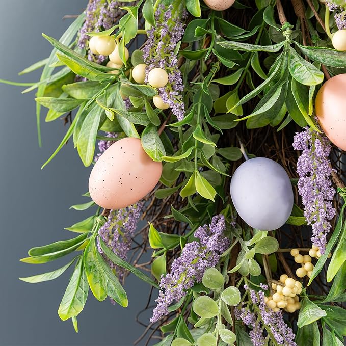 Glitzhome Easter Teardrop Wreath 28" Spring Easter Egg & Lavender Wreath Artificial Teardrop Swag for Front Door Porch Wall Decor